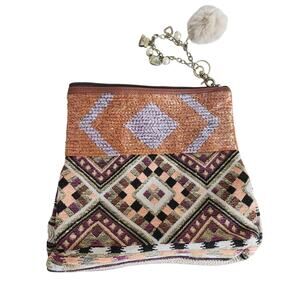 Boho Beaded Woven Clutch Bag with Charm Accent Tribal Aztec Pattern Purse